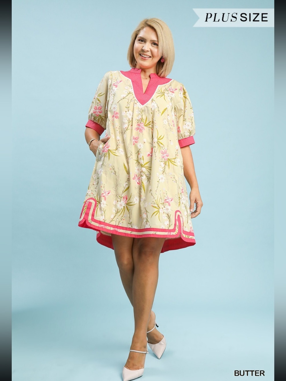New!Umgee Plus Size Cotton Lined Butter Floral Puff Sleeve Dress Pink Size XL
